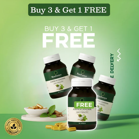 Roohance Organic Ashwagandha Root Extract Capsules - 400mg (Buy 3, Get 1 FREE Bundle)
