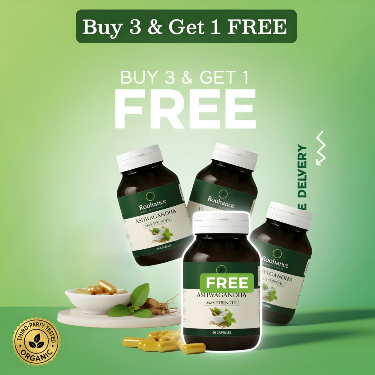Roohance Organic Ashwagandha Root Extract Capsules - 400mg (Buy 3, Get 1 FREE Bundle)